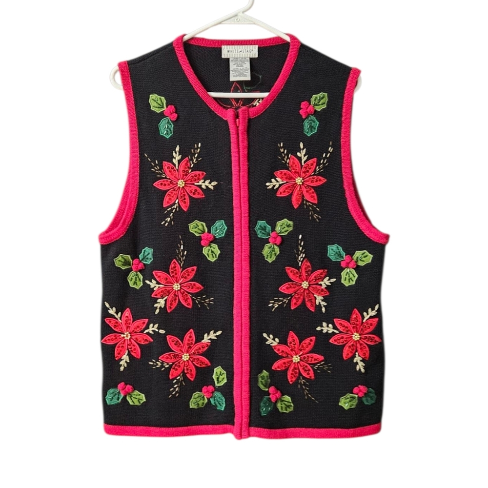 White Stag Embroidered Poinsettia Sweater Vest Full Zip Women's Large Christmas